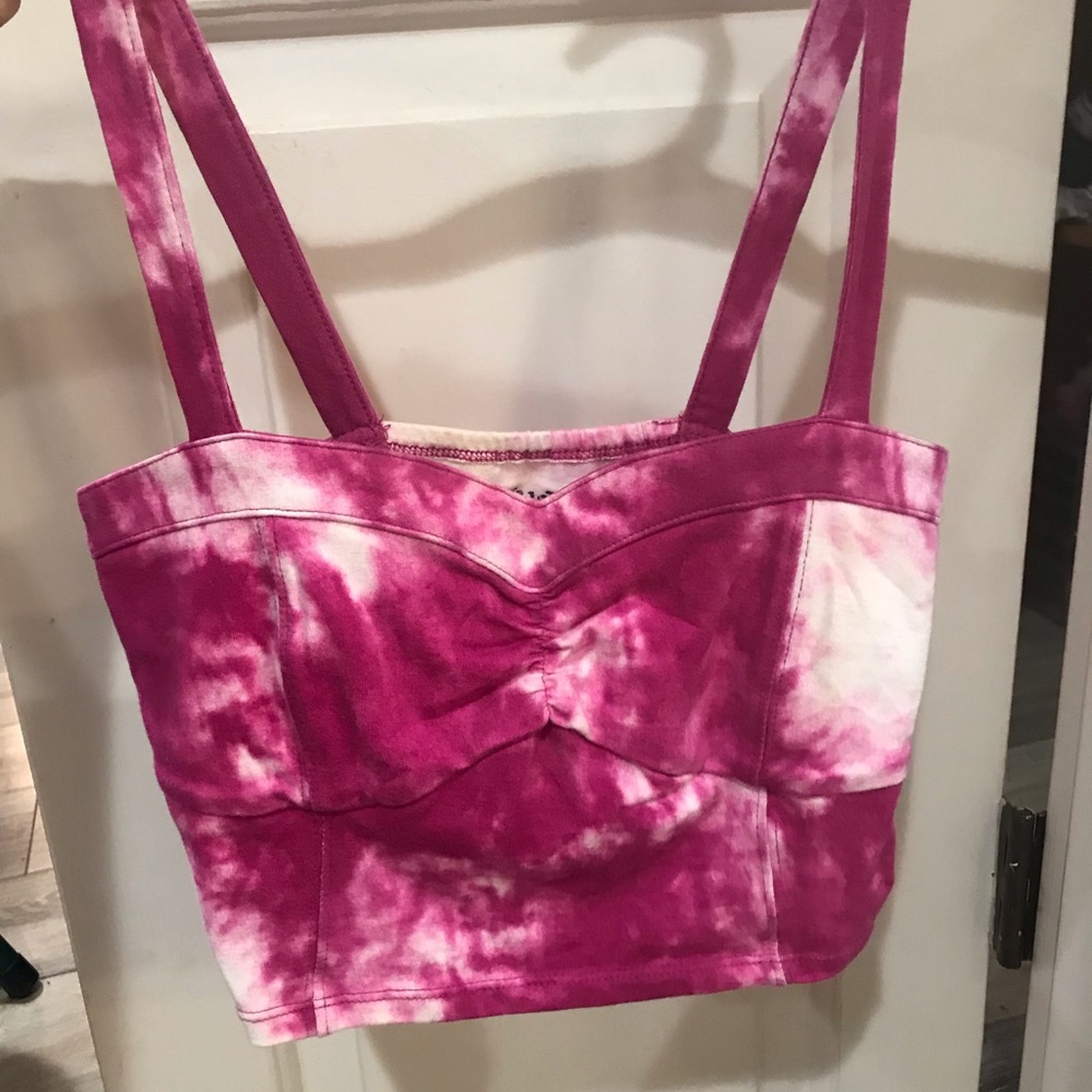 Hot pink and white tie dye crop top with straps.